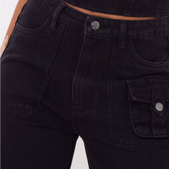 PrettyLittleThings Jeans Size 8 Washed Black Cargo Pocket Wide Leg Relaxed Fit - Picture 2 of 10